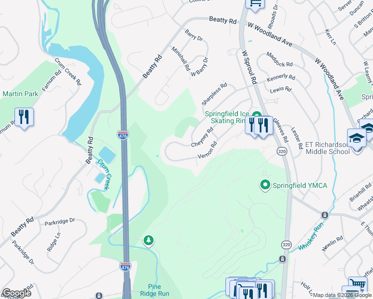 map of restaurants, bars, coffee shops, grocery stores, and more near 636 Cheyney Road in Springfield