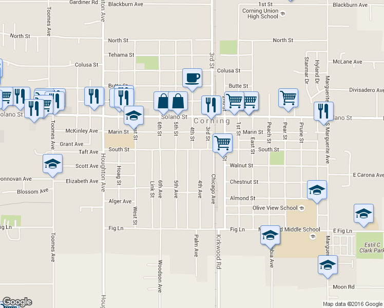 map of restaurants, bars, coffee shops, grocery stores, and more near 1209 South Street in Corning