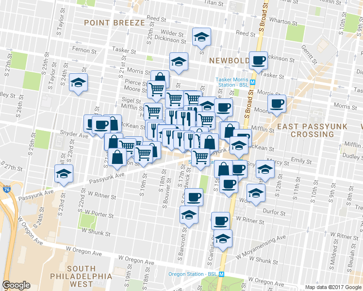 map of restaurants, bars, coffee shops, grocery stores, and more near 2037 South Colorado Street in Philadelphia