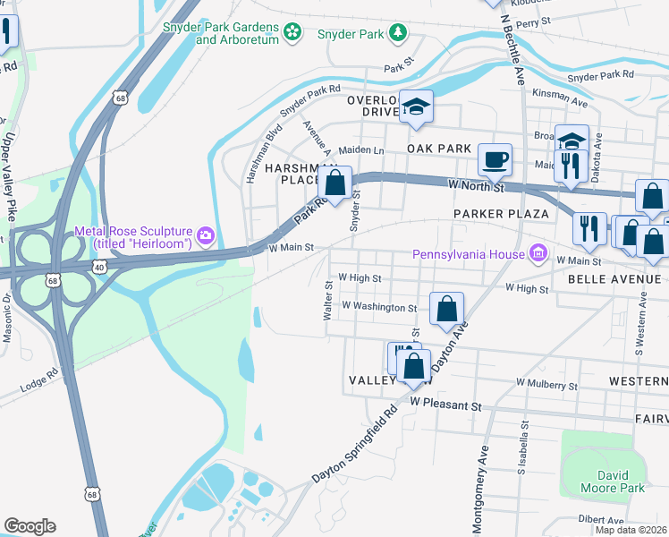 map of restaurants, bars, coffee shops, grocery stores, and more near 1930 West High Street in Springfield