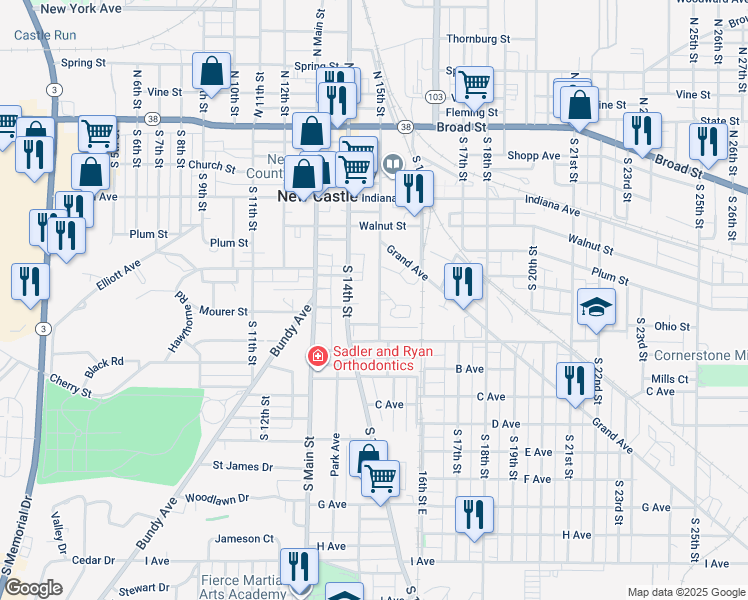 map of restaurants, bars, coffee shops, grocery stores, and more near 711 South 15th Street in New Castle