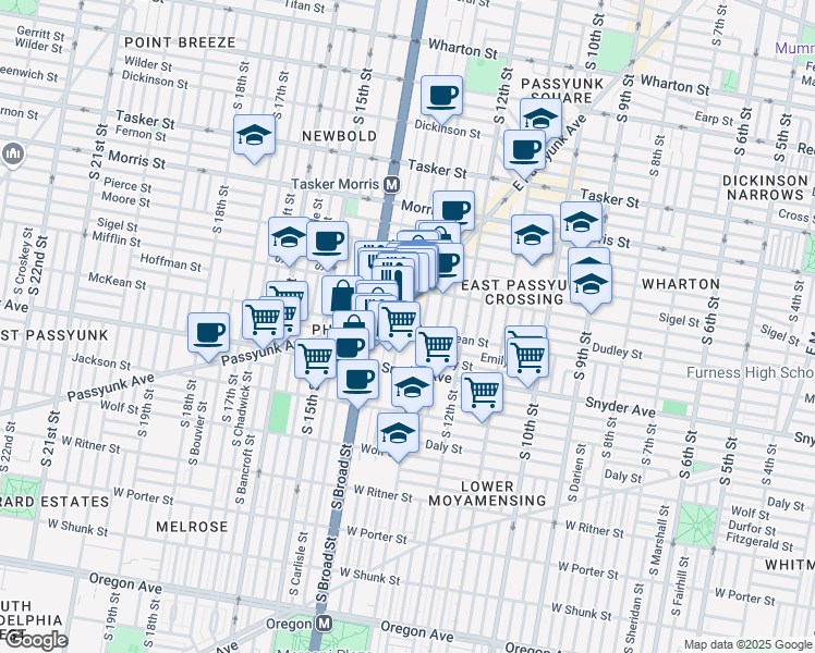 map of restaurants, bars, coffee shops, grocery stores, and more near 1323 McKean Street in Philadelphia