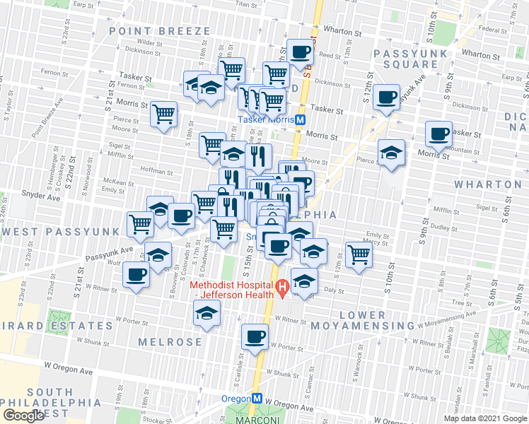 map of restaurants, bars, coffee shops, grocery stores, and more near 2009 South 15th Street in Philadelphia