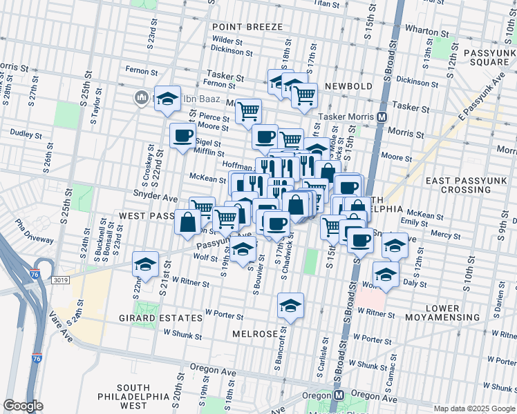 map of restaurants, bars, coffee shops, grocery stores, and more near 2038 South Bouvier Street in Philadelphia
