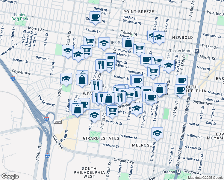 map of restaurants, bars, coffee shops, grocery stores, and more near 2104 South Woodstock Street in Philadelphia
