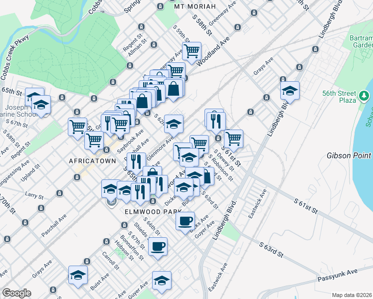 map of restaurants, bars, coffee shops, grocery stores, and more near 6212 Grays Avenue in Philadelphia