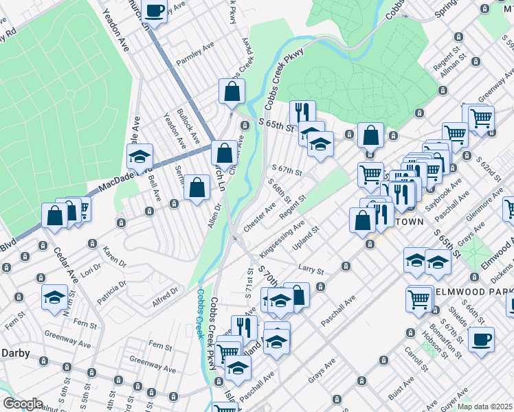 map of restaurants, bars, coffee shops, grocery stores, and more near 6836 Cobbs Creek Parkway in Philadelphia
