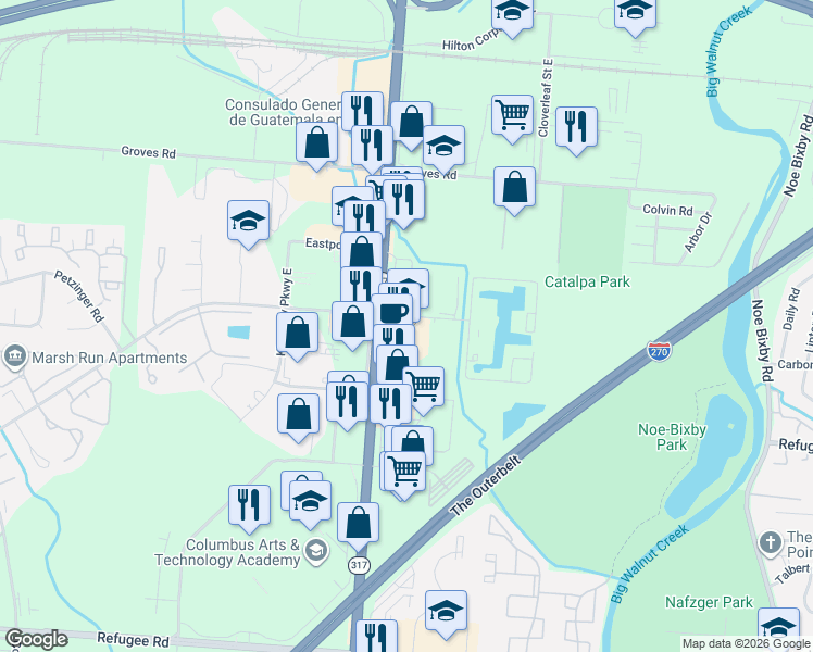 map of restaurants, bars, coffee shops, grocery stores, and more near 2390 South Hamilton Road in Columbus