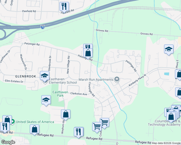 map of restaurants, bars, coffee shops, grocery stores, and more near 2281 Courtright Road in Columbus