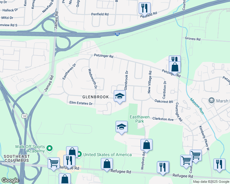 map of restaurants, bars, coffee shops, grocery stores, and more near 2246 Wabash Court West in Columbus