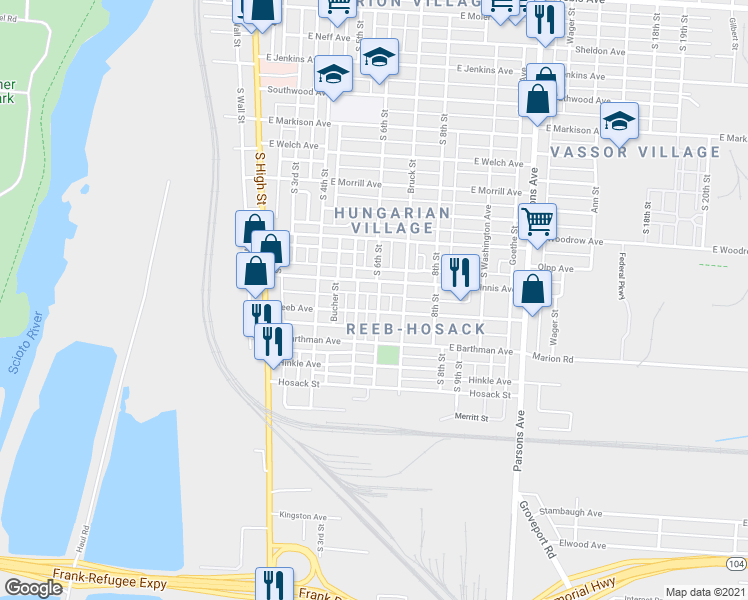 map of restaurants, bars, coffee shops, grocery stores, and more near 1810 South 6th Street in Columbus