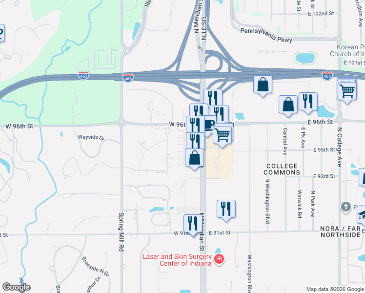 map of restaurants, bars, coffee shops, grocery stores, and more near 9488 Oakley Drive in Indianapolis