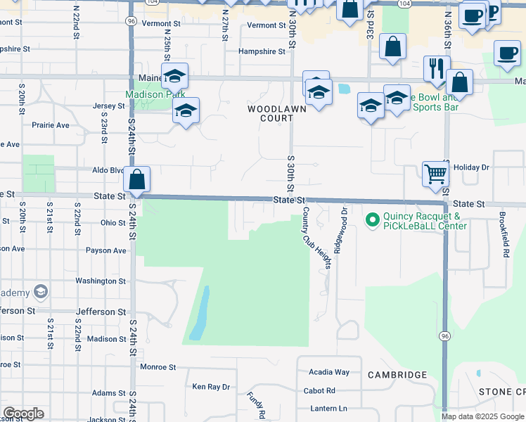 map of restaurants, bars, coffee shops, grocery stores, and more near 2900 State Street in Quincy