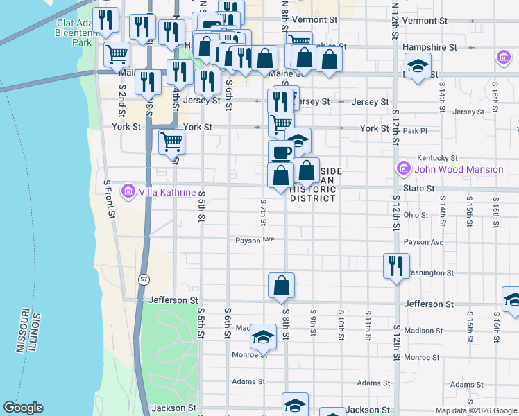 map of restaurants, bars, coffee shops, grocery stores, and more near 629 Ohio Street in Quincy