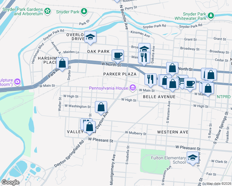 map of restaurants, bars, coffee shops, grocery stores, and more near 14 South William Street in Springfield