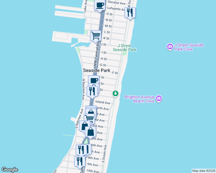 map of restaurants, bars, coffee shops, grocery stores, and more near 19 D St in Seaside Park