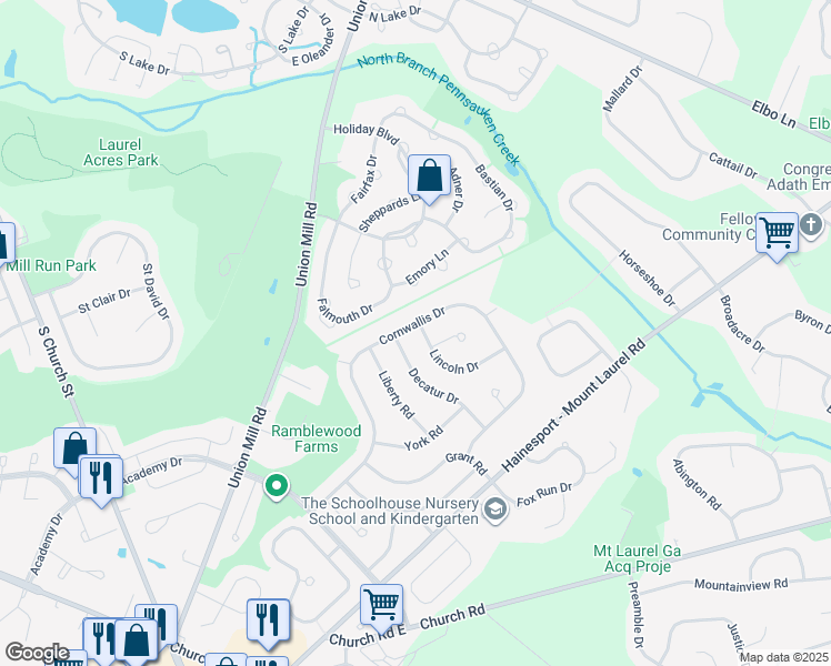 map of restaurants, bars, coffee shops, grocery stores, and more near 726 Lincoln Drive in Mount Laurel Township