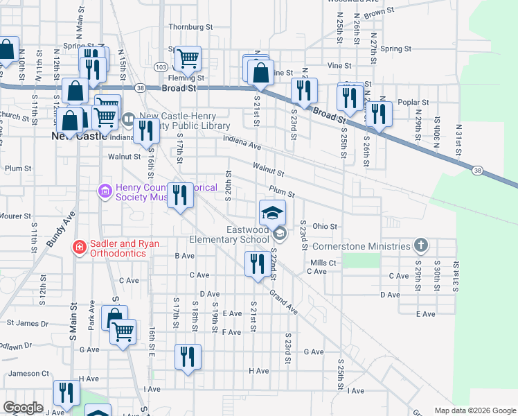 map of restaurants, bars, coffee shops, grocery stores, and more near 634 South 21st Street in New Castle