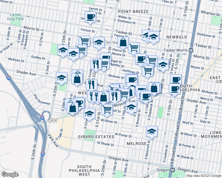 map of restaurants, bars, coffee shops, grocery stores, and more near 2104 South Woodstock Street in Philadelphia