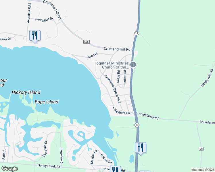 map of restaurants, bars, coffee shops, grocery stores, and more near 455 Lakeshore Boulevard in Thornville