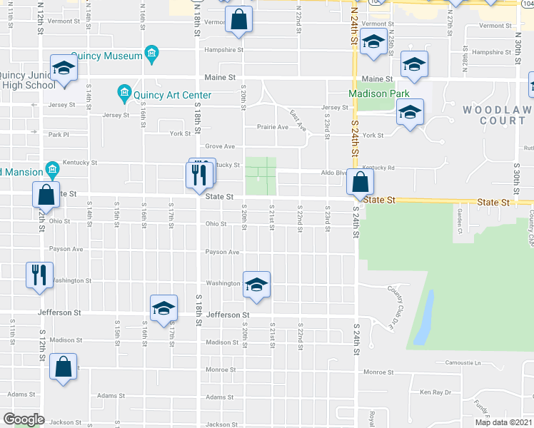 map of restaurants, bars, coffee shops, grocery stores, and more near 520 South 21st Street in Quincy