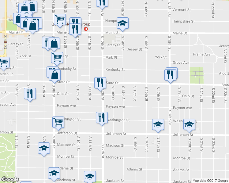 map of restaurants, bars, coffee shops, grocery stores, and more near 529 South 13th Street in Quincy