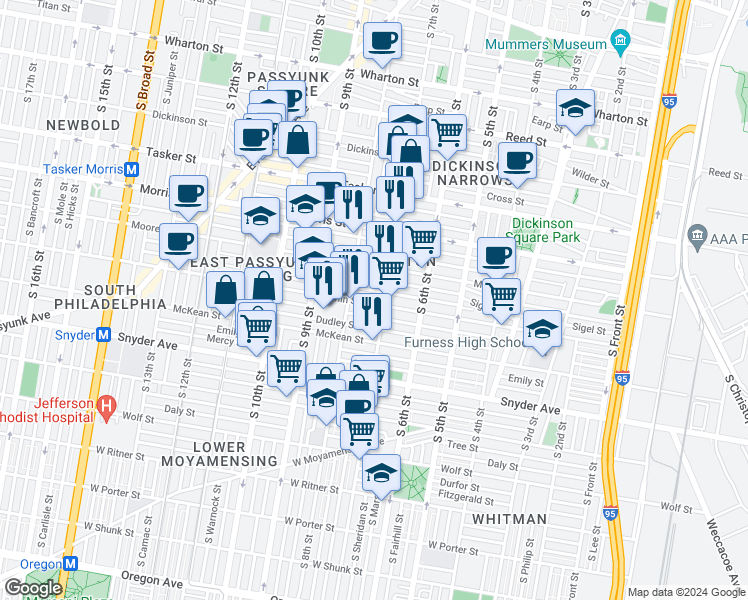 map of restaurants, bars, coffee shops, grocery stores, and more near 705 Mifflin Street in Philadelphia
