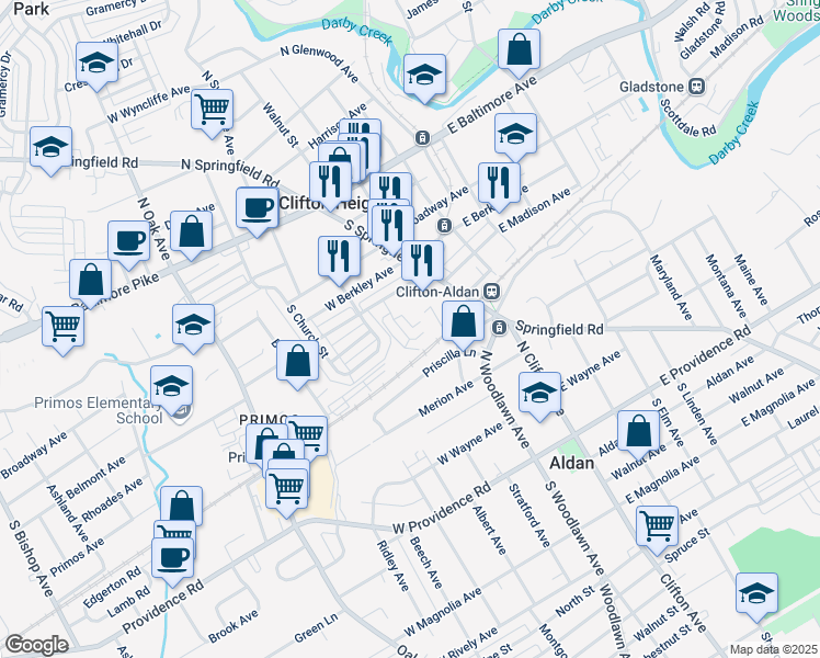 map of restaurants, bars, coffee shops, grocery stores, and more near 520 Chester Avenue in Clifton Heights