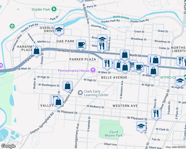 map of restaurants, bars, coffee shops, grocery stores, and more near 1311 West Main Street in Springfield