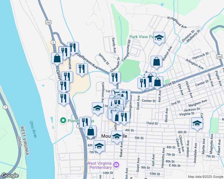 map of restaurants, bars, coffee shops, grocery stores, and more near 808 1st St in Moundsville