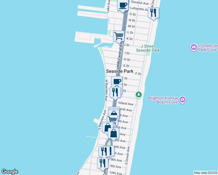 map of restaurants, bars, coffee shops, grocery stores, and more near 300 North Bayview Avenue in Seaside Park