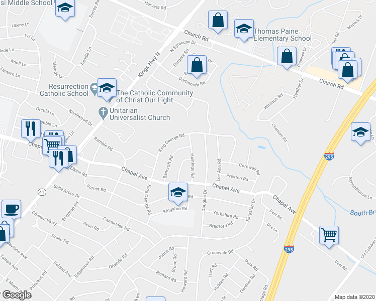 map of restaurants, bars, coffee shops, grocery stores, and more near 501 Bancroft Road in Cherry Hill