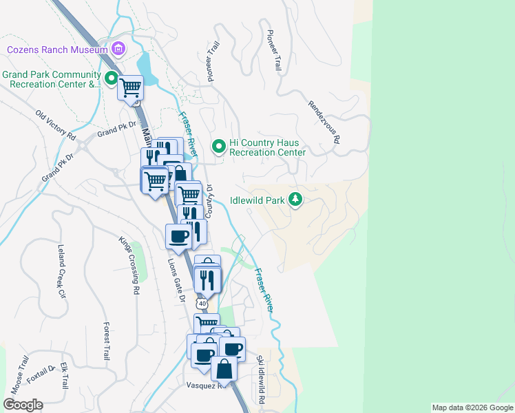 map of restaurants, bars, coffee shops, grocery stores, and more near 53 Wagon Wheel Drive in Granby
