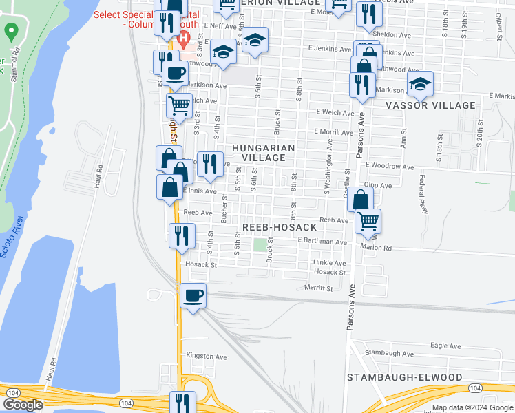 map of restaurants, bars, coffee shops, grocery stores, and more near 1810 South 6th Street in Columbus