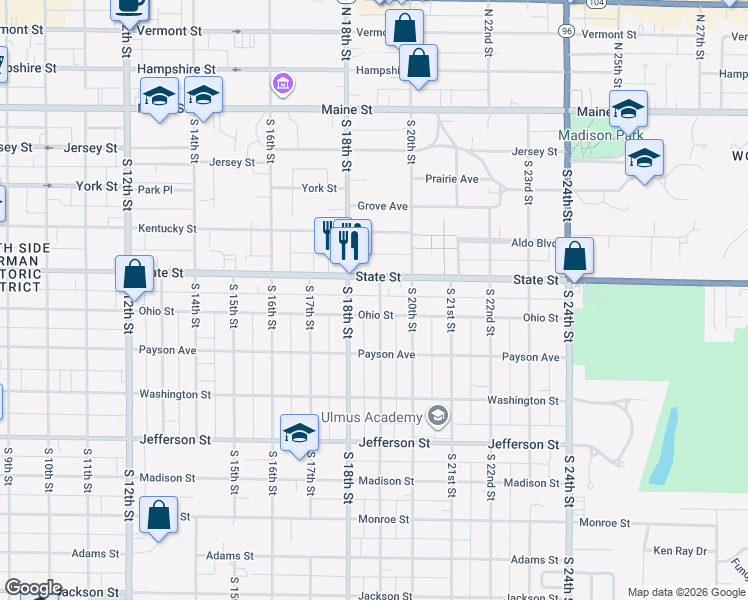 map of restaurants, bars, coffee shops, grocery stores, and more near 520 South 19th Street in Quincy