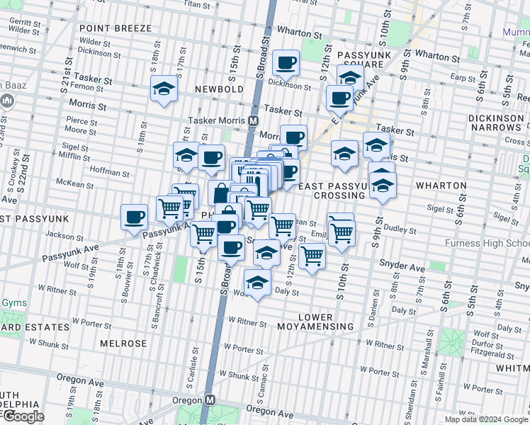 map of restaurants, bars, coffee shops, grocery stores, and more near 1315 McKean Street in Philadelphia