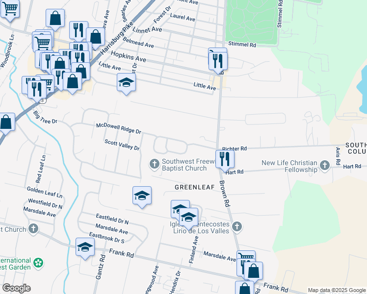 map of restaurants, bars, coffee shops, grocery stores, and more near 1527 Coldwater Drive in Columbus