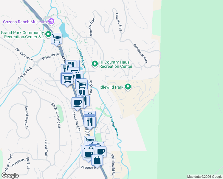 map of restaurants, bars, coffee shops, grocery stores, and more near 53 Wagon Wheel Drive in Granby