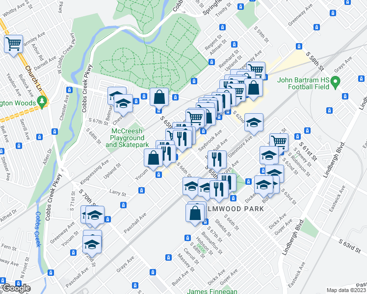 map of restaurants, bars, coffee shops, grocery stores, and more near 6507 Woodland Avenue in Philadelphia