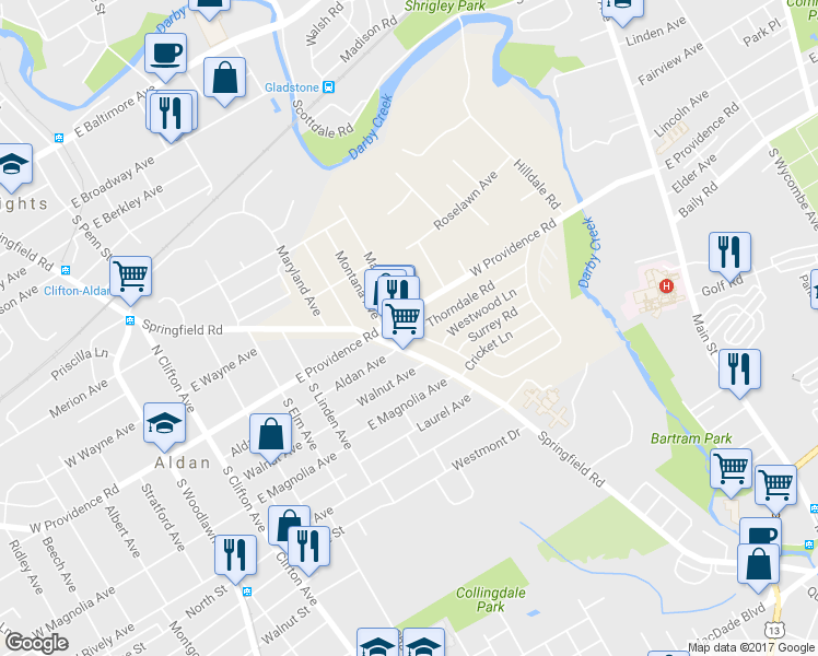 map of restaurants, bars, coffee shops, grocery stores, and more near 711 Thorndale Road in Aldan