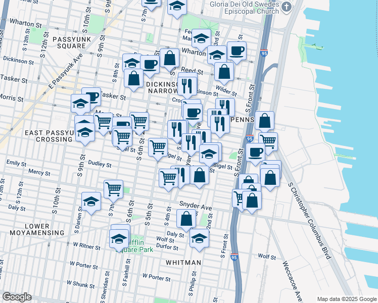 map of restaurants, bars, coffee shops, grocery stores, and more near 1816 East Moyamensing Avenue in Philadelphia