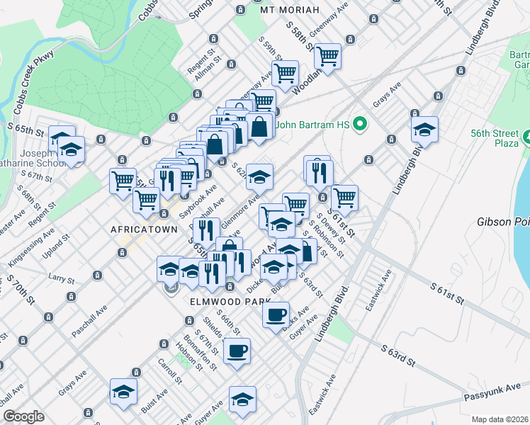 map of restaurants, bars, coffee shops, grocery stores, and more near 6218 Grays Avenue in Philadelphia