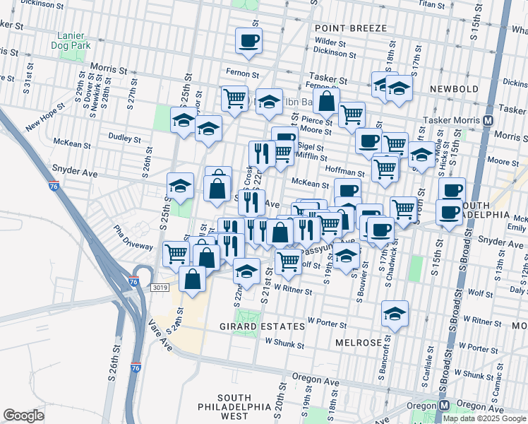map of restaurants, bars, coffee shops, grocery stores, and more near 2117 South Beechwood Street in Philadelphia