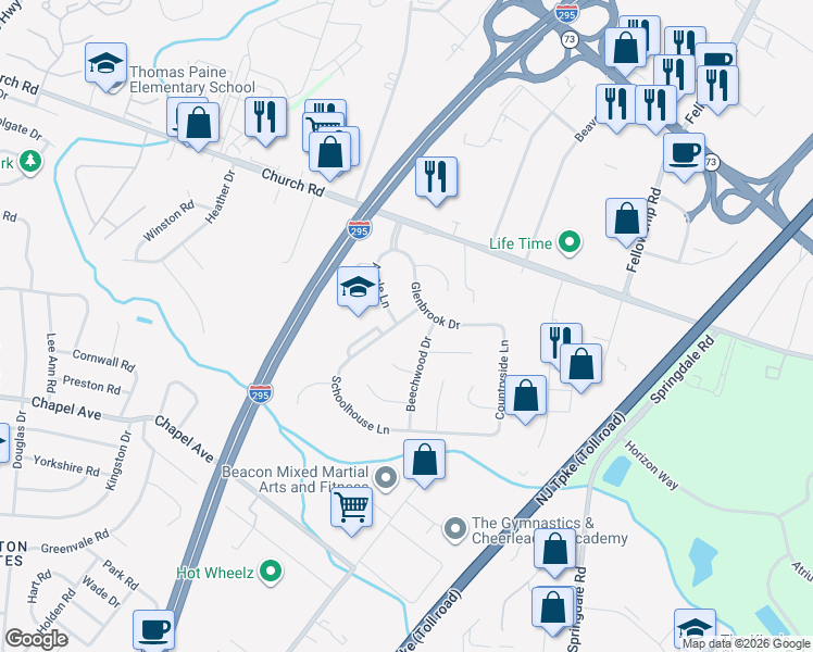 map of restaurants, bars, coffee shops, grocery stores, and more near 104 Schoolhouse Lane in Mount Laurel Township