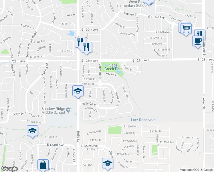 map of restaurants, bars, coffee shops, grocery stores, and more near 12690 Jersey Circle East in Thornton