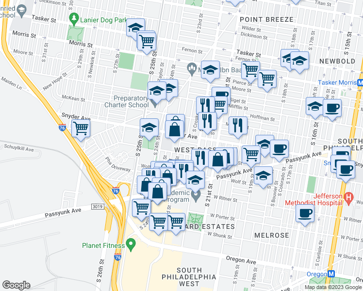 map of restaurants, bars, coffee shops, grocery stores, and more near 2255 Winton Street in Philadelphia