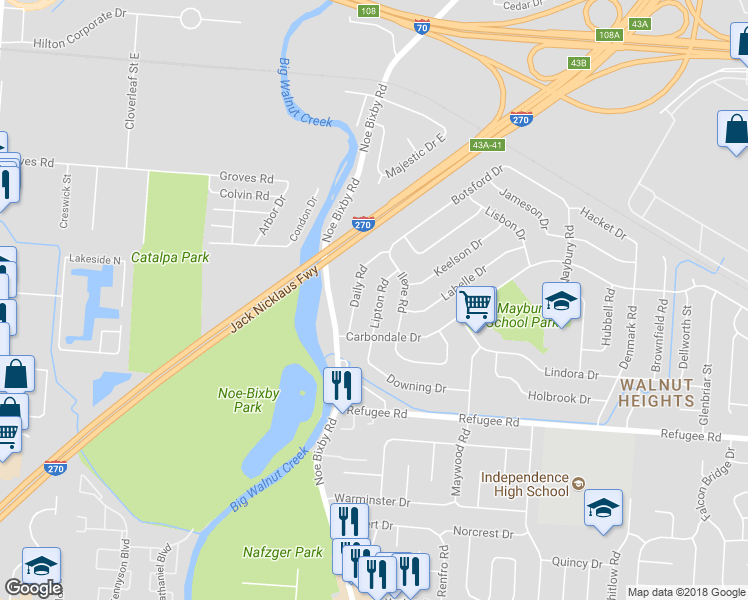 map of restaurants, bars, coffee shops, grocery stores, and more near 2511 Lipton Road in Columbus