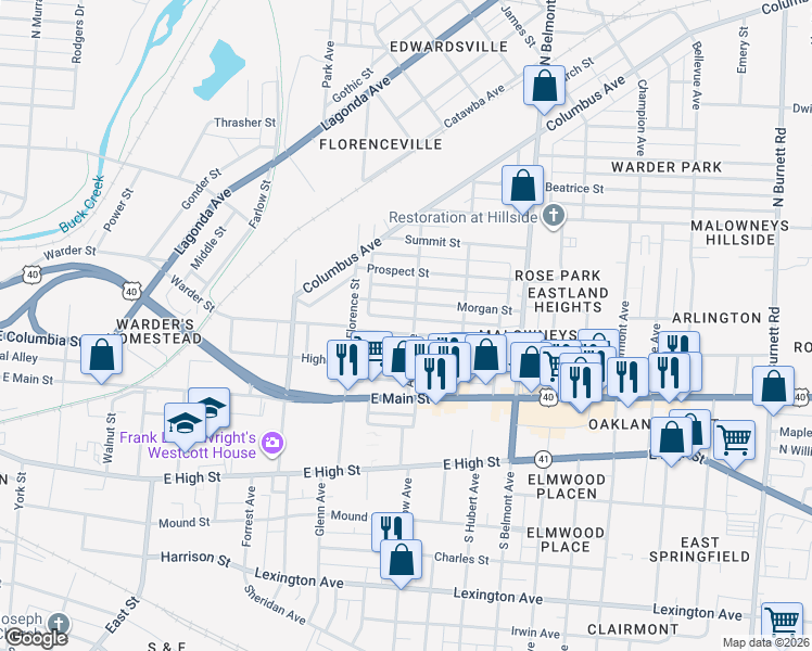 map of restaurants, bars, coffee shops, grocery stores, and more near 1622 Warder St in Springfield