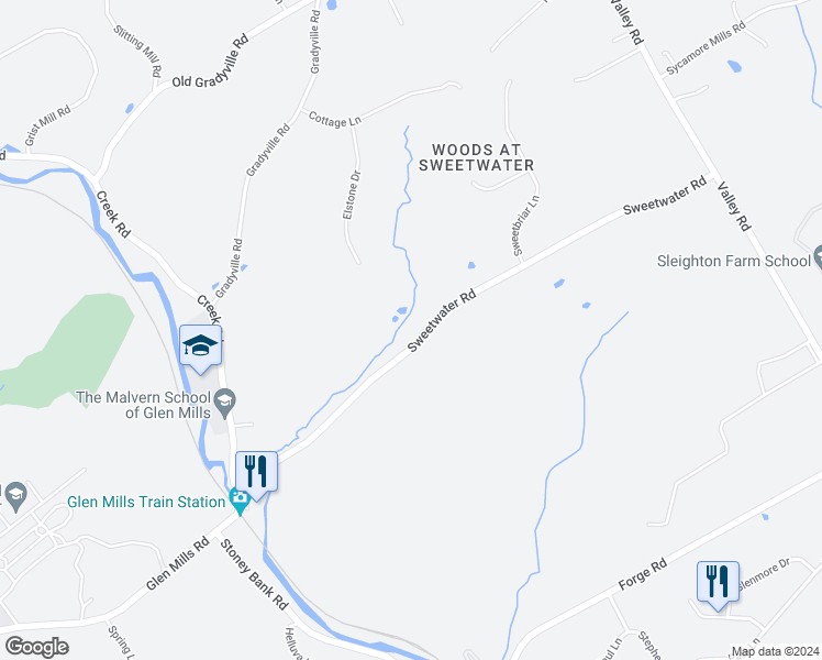 map of restaurants, bars, coffee shops, grocery stores, and more near 75 Sweetwater Road in Glen Mills
