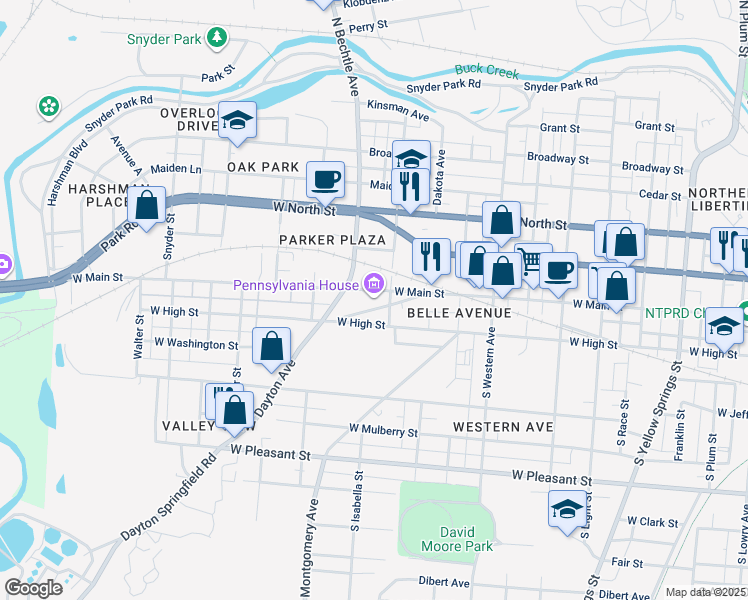 map of restaurants, bars, coffee shops, grocery stores, and more near 1311 West Main Street in Springfield
